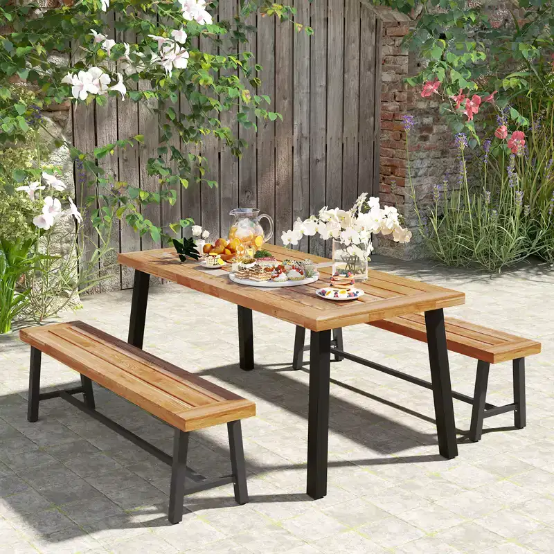 Costway 63 Inch Patio Bench Set of 1/2, Acacia Wood Long Dining Bench w/ Heavy-Duty Metal Legs