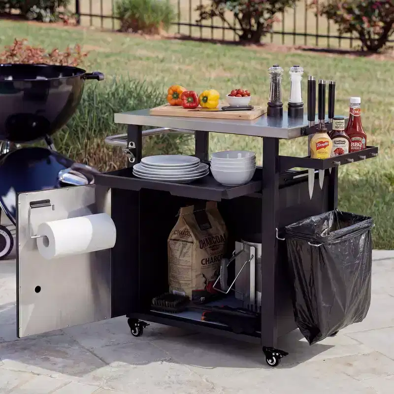 39.5 Outdoor Grill Cart with Storage Cabinet, Stainless Steel Top BBQ Table with Wheels, Spice & Paper Rack, Waterproof Cover Included