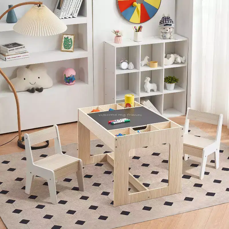 LuxenHome Drawing and Activity Board Children Table with 2 Chairs Set Brown