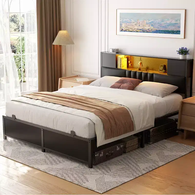 Bed Frame with LED Light and Charging Station