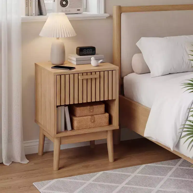 Boho Nightstand with Drawer & Open Shelf, Small Bedside End Table, Natural, MDF