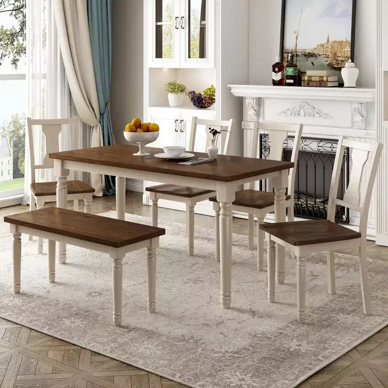 6-Piece Dining Table Set Dining Set with 4 Chairs with Bench, Classic Retro Style, Brown+Cottage White-HABITRIO