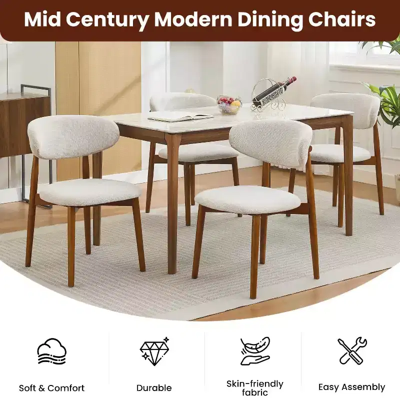 Mid-Century Modern Dining Chairs, Farmhouse Style, Wood Legs, for Kitchen, Dining Room
