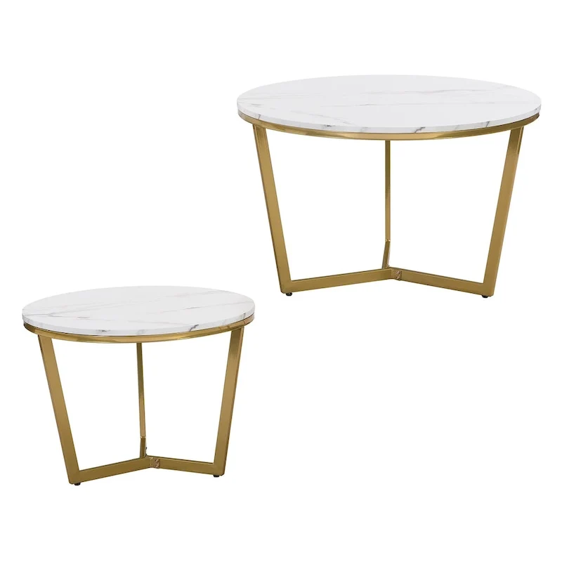 Modern Round Nesting Coffee Table Set 2-Piece White & Marbling Top Gold Base