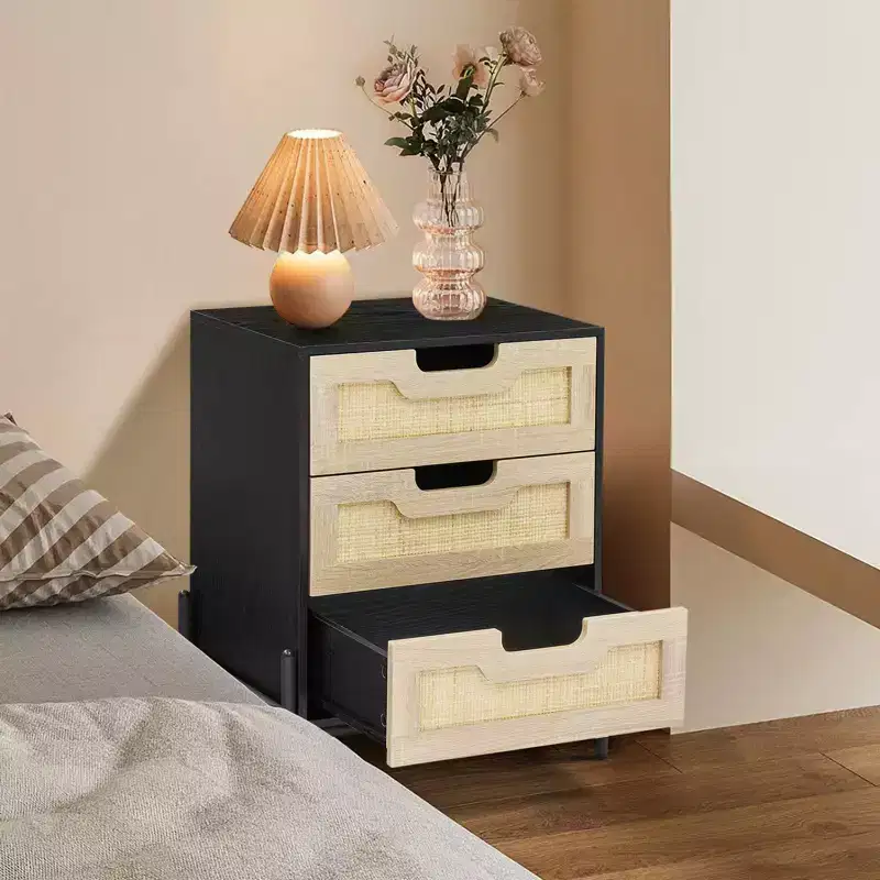 Rattan Nightstand with 3 Drawers, 18.9 Compact Bedside Table for Small Spaces - Engineered Wood & Steel Frame