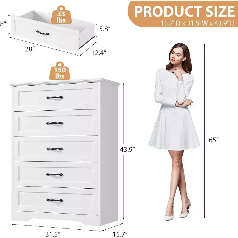 5-Drawer White Dresser – Sturdy Storage with Smooth Gliding Drawers for Bedroom & Guest Room