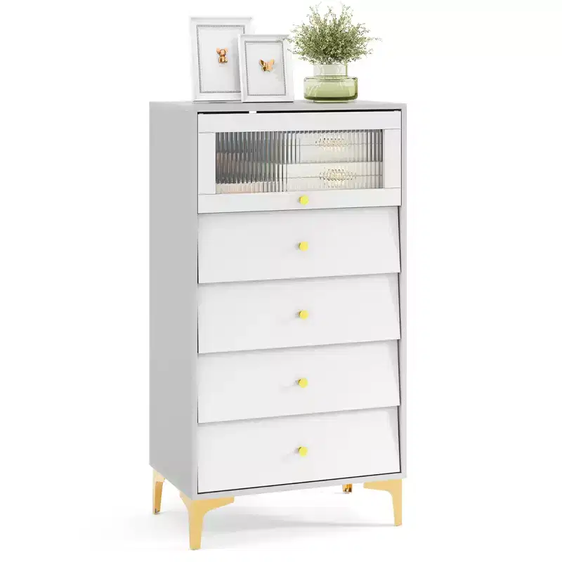 Costway 4 Drawer Dresser 44.5 Tall Dresser Chest of Drawers w/Flip-up Fluted Glass Door