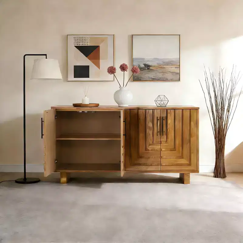 Modern 4-Door Sideboard Constructed with MDF and Ash Veneer, Featuring Metal Handles and Natural Finishes, Perfect for Dining Rooms