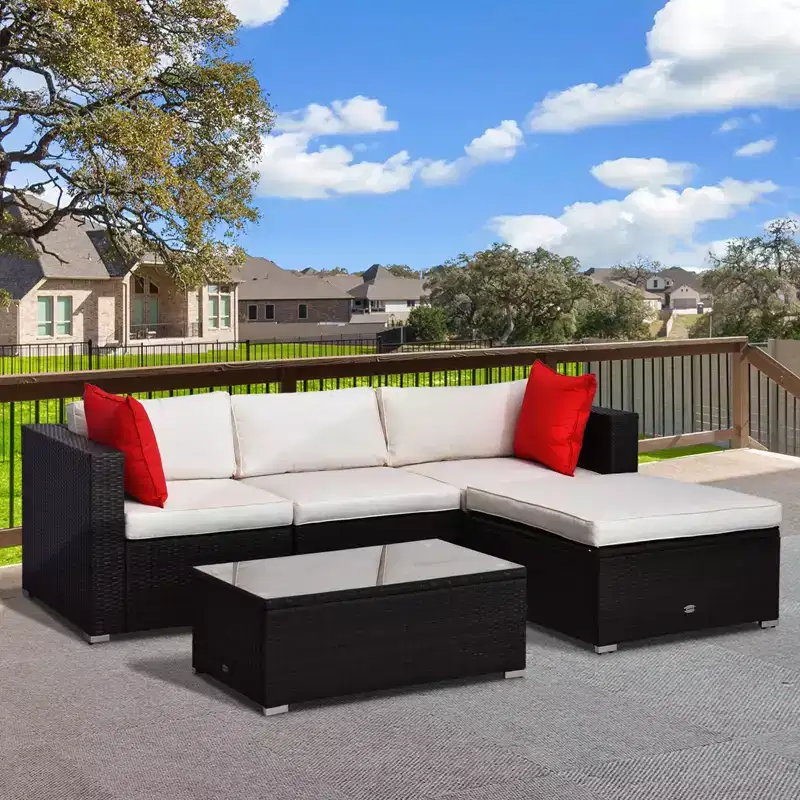 Outsunny 5-Piece Outdoor Sectional Furniture, Patio Sofa Set, PE Wicker Couch, Cushions, Pillows, Ottoman, Coffee Table