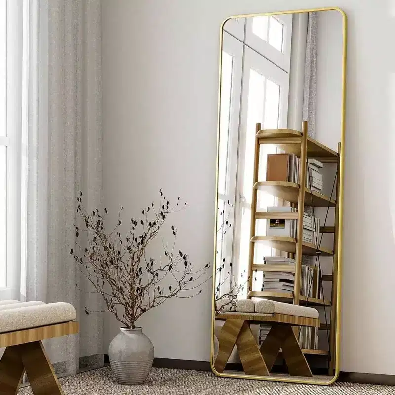 56 Inchx 21 Inch Full Length Mirror with Gold Rounded Corner Aluminum Frame for Living Room Bedroom Cloakroom Wall Standing Mirror