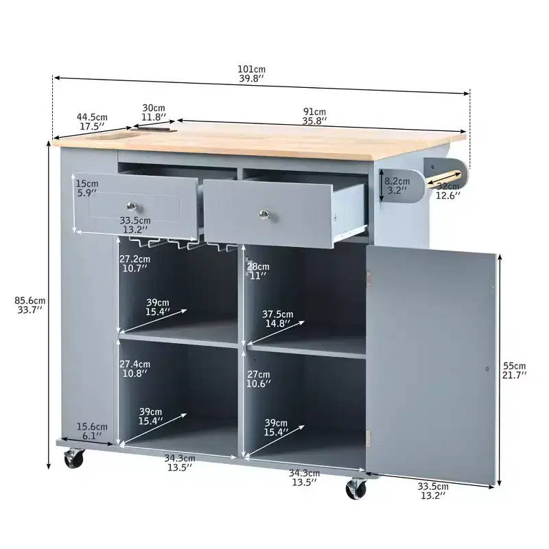 Kitchen Island with Power Outlet, Drop Leaf, Wine Rack and Adjustable Storage for Kitchen and Dining Room, Blue