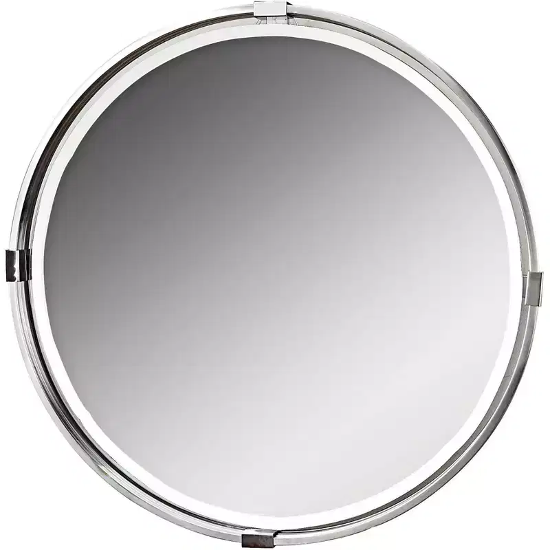 Brushed Nickel Metal Round Beveled Wall Mirror 29.5