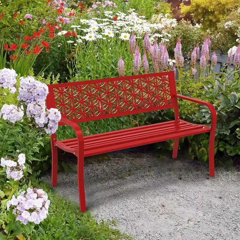 VINGLI 50 Outdoor Bench Metal with Floral Back, Garden Bench Front Porch Bench for Yard Patio Entryway Park Outside