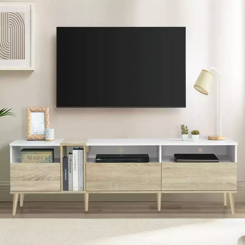 Modern TV Stand TV Console Media Console Entertainment Center with 3 Drawers and Open Shelves for TVs Up to 70, White+Natural-ModernLuxe