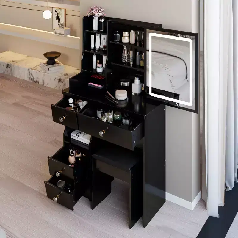 29.2-Inch Natural Makeup Vanity Desk with LED Mirror, Organized Storage, Hair Dryer Stand and Matching Stool for Small Spaces