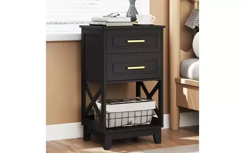 Tall Nightstand with 2 Drawers & Open Shelf Below, Modern Night Stand End Table for Bedroom, Living Room, Home Office