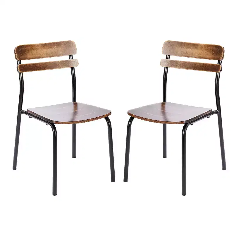 Emma and Oliver Set of 2 Dining Chairs with Metal Frames and Solid Wood Seats and Backs with Antique Finishes