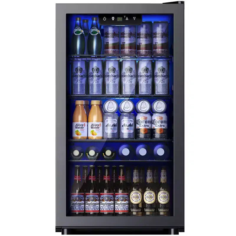 Simzlife 3.2 cu.ft. 130 Cans Beverage Refrigerator, Reversible Glass Door & LED Light, Adjustable Temperature, Removable Shelves, Energy Efficient