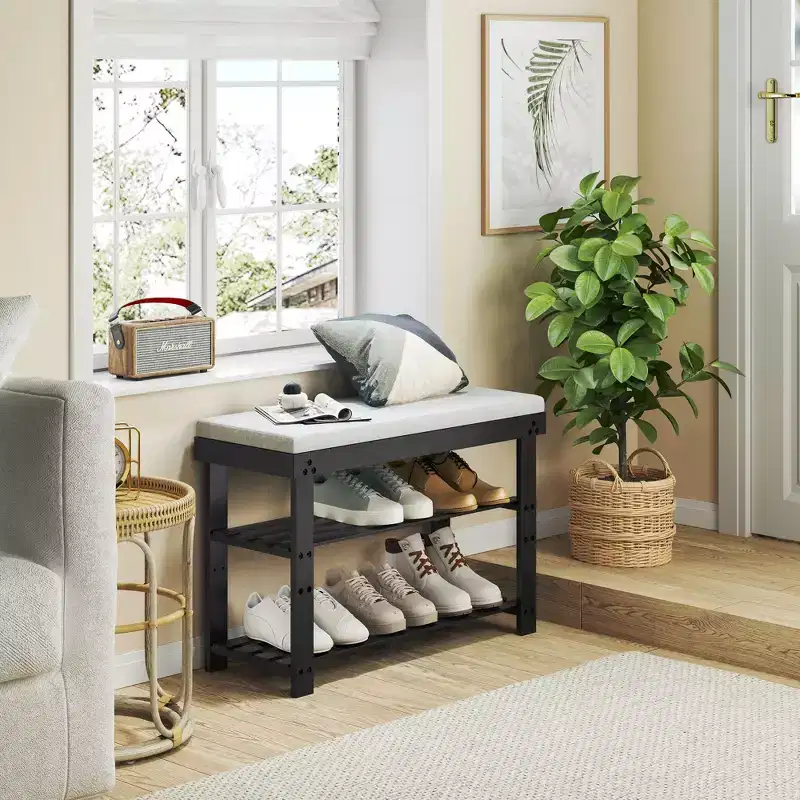 MAYEERTY 3 Tier Shoe Racks Bamboo Shoe Bench Entryway with Cushion and Adjustable Shelves for Hallway Mudroom living Room Black