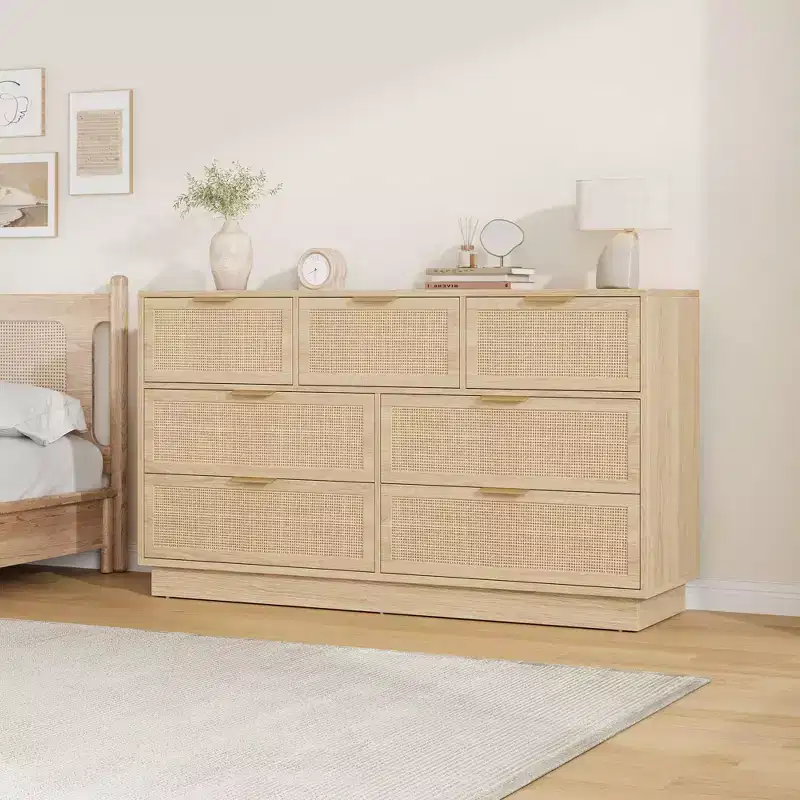 7 Drawer Rattan Dresser for Bedroom, Farmhouse Rattan TV Stand with 7 Storage Drawer,Modern Versatile Organizer for Bedroom,Entryway