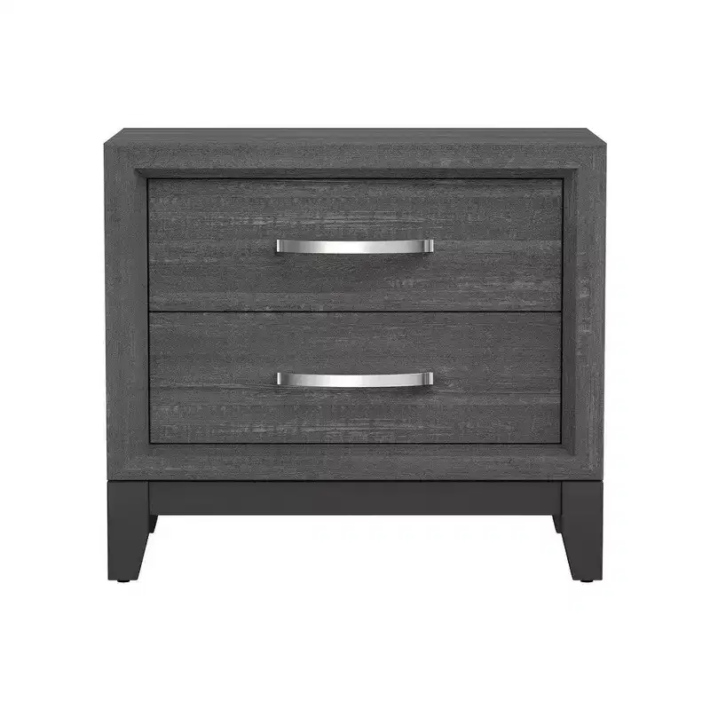 Bedside Nightstand, 2 Drawers Chrome Bar Handles, Gray Wood