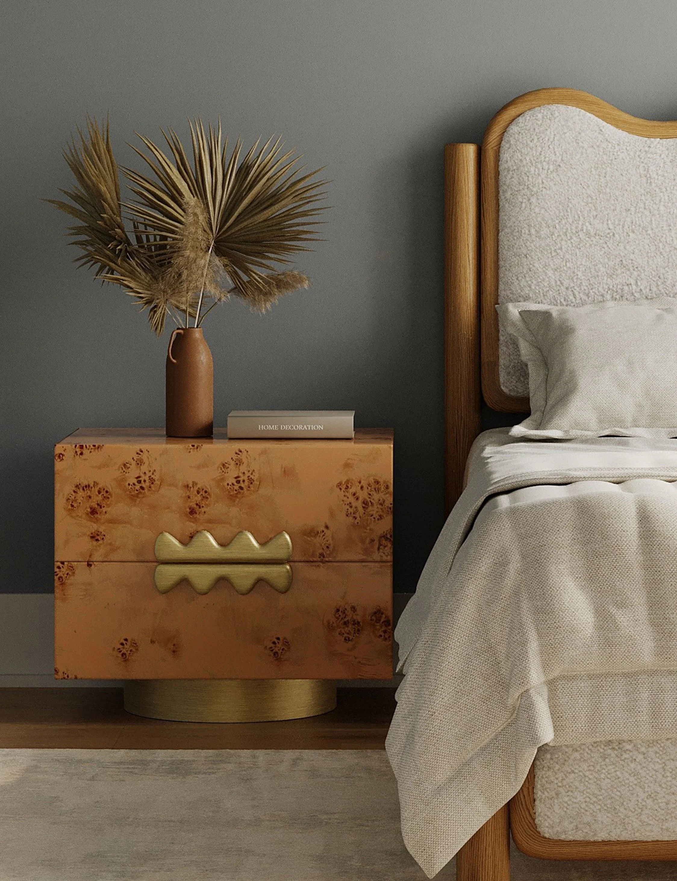 Nightstand - Burl wood brings the drama in this modern nightstand