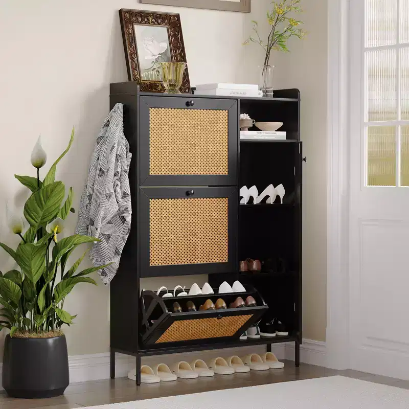 3 Tier Free Standing Shoe Cabinet with Natural Rattan, Shoe Organizer with Adjustable Shelves, Narrow Shoe Rack for Hallway, Black