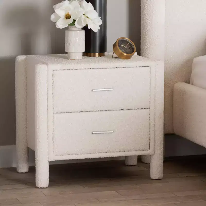 Teddy Bear Fabric 2-Drawer Nightstand - White