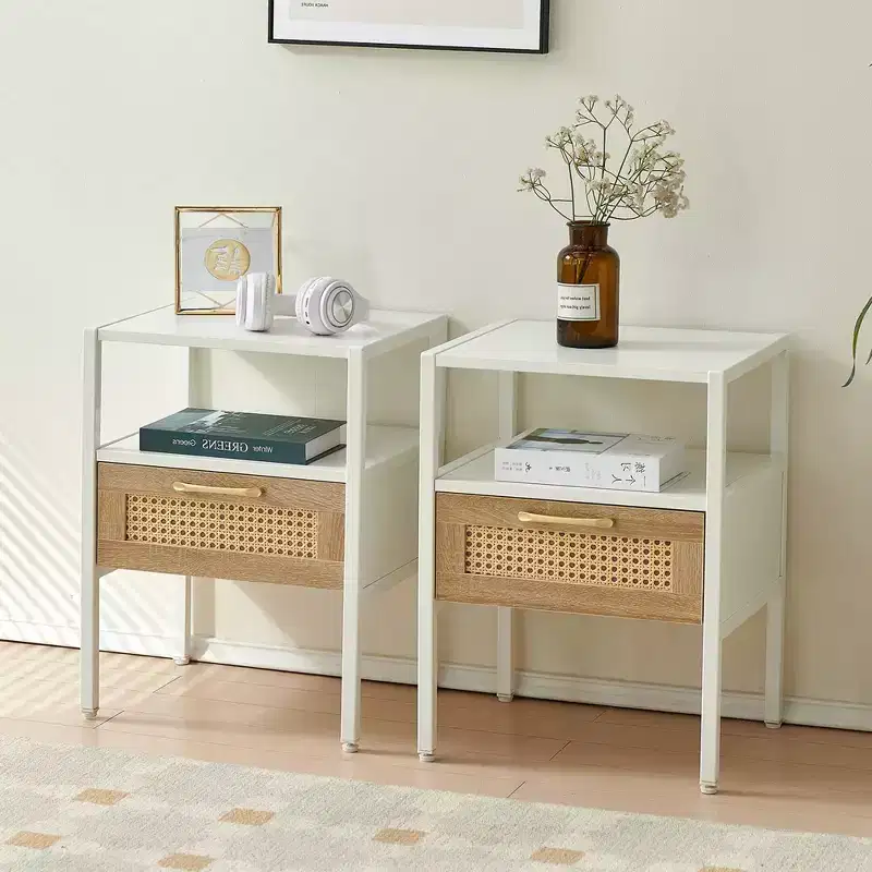MAYEERTY Rattan End Table Set of 2, Modern Nightstand with Drawer, Side Table for Living Room, Bedroom,White