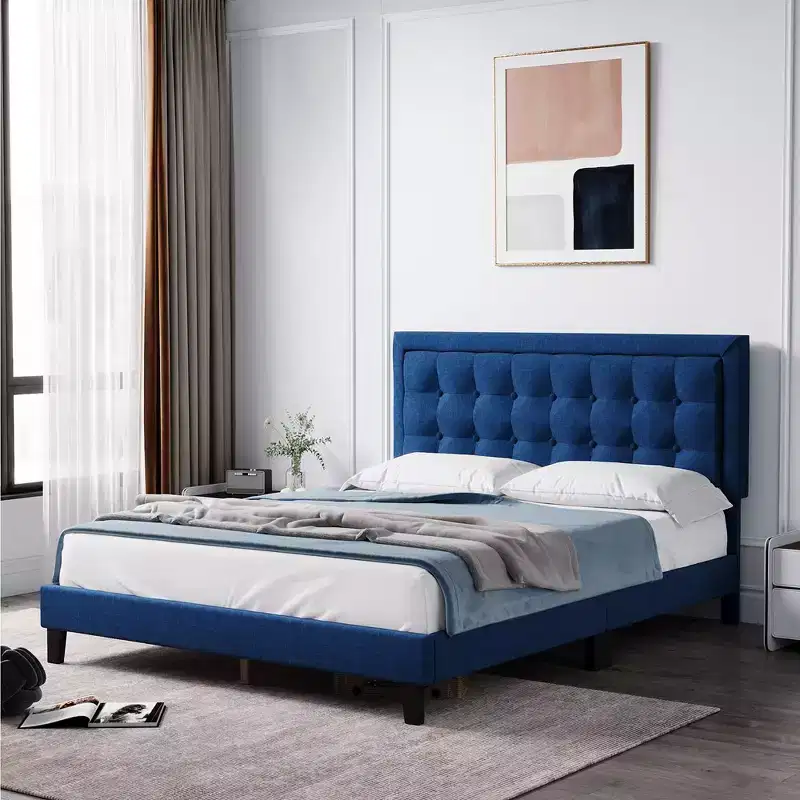 Wood Slat Support Bed Frame with Adjustable Height Headboard – Button Tufted Upholstered