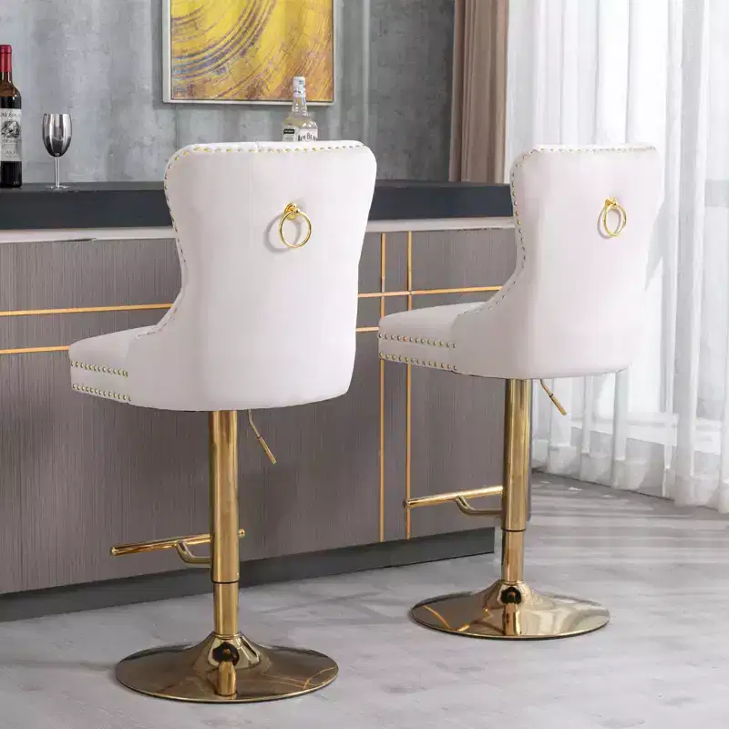 Okak Velvet Swivel Bar Stools Set of 2 Adjustable Height 27-35in, Tufted Back Thick Golden Barstools for Kitchen Island Home Pub