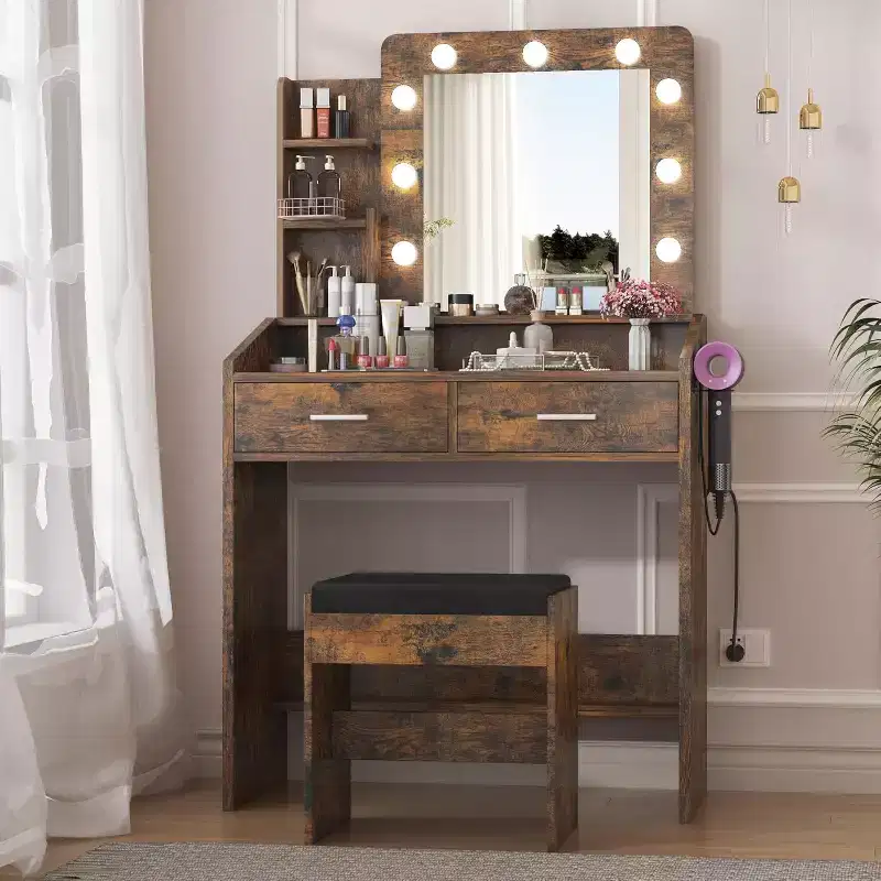 Vanity Desk with Mirror, Makeup Vanity with Cushioned Stool, 3 Lighting Modes Adjustable Brightness