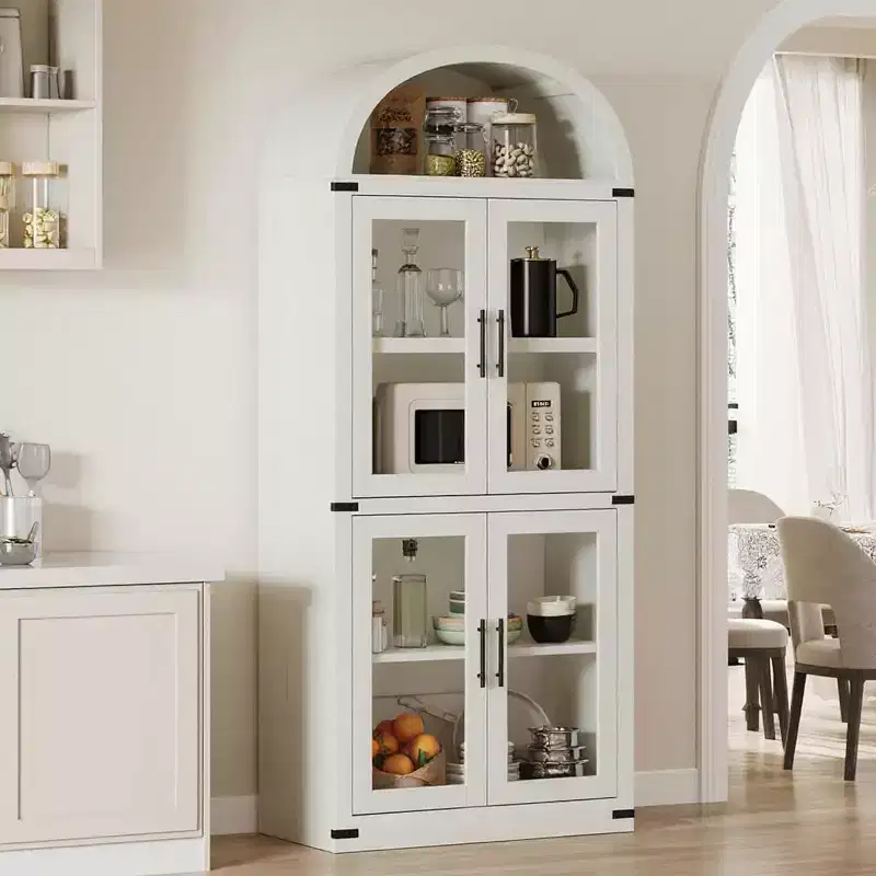72 Arched Farmhouse Bookshelf - 5 Shelves Tall Wooden Display Cabinet, Glass/Wood Door Storage Cabinet