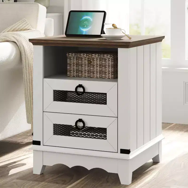 Farmhouse Nightstand with Charging Station, Drawer, Open Cubby Storage, Bedside Table for Bedroom Living Room