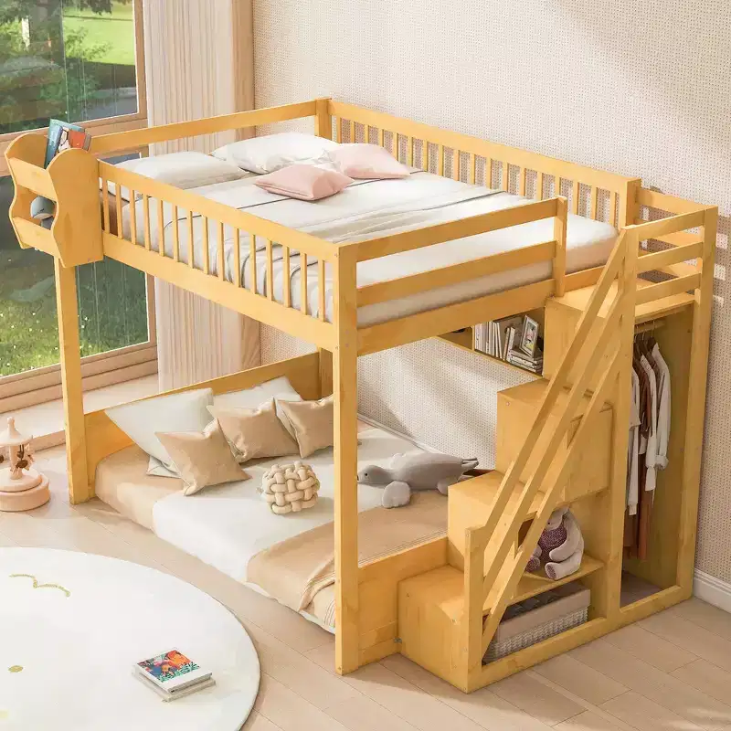 Queen Size Wooden Loft Bed Frame with Staircase and Wardrobe, Storage Shelves and Under-bed Space