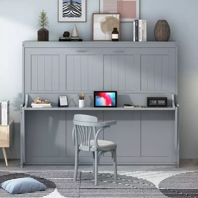 Full/Queen Murphy Bed Wall Bed with Hydraulic Lift, Wood Cabinet Bed Folding Wall Bed with Desk for Guest Room Office