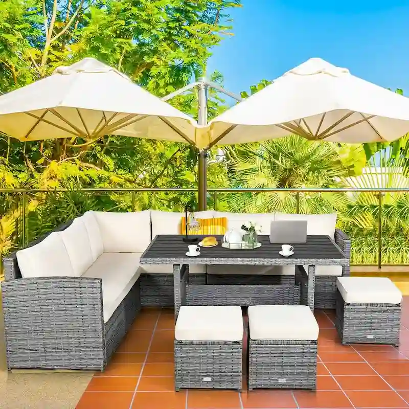 7 Pcs All-Weather Patio Rattan Dining Furniture Sectional Sofa Set with Wicker Ottoman and Cushed Couch