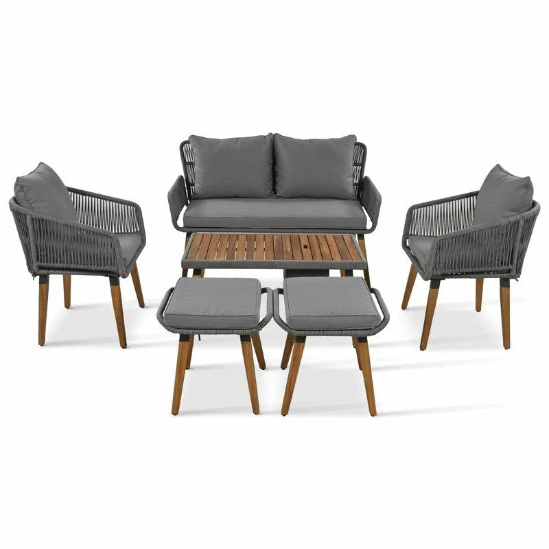 6-Piece Rope Patio Furniture Set with Acacia Wood Cool Bar Table