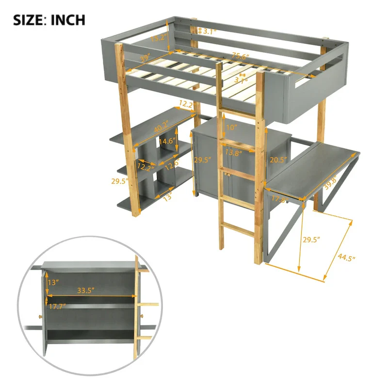 Twin/Full Solid Wood Loft Bed with Foldable Desk & Built-in Storage Cabinet, Two-Tone, Gray/White