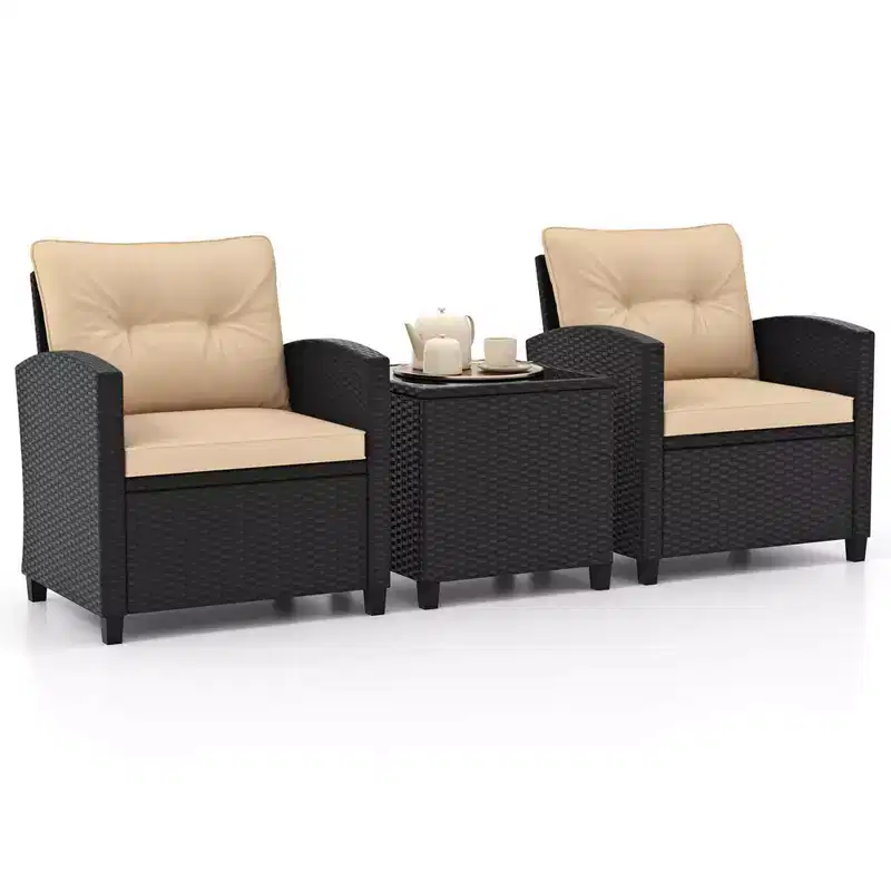 Costway 3 PCS Patio Furniture Set with Tempered Glass Coffee Table Washable Cushions Beige/Black/Off White/Red/Navy/Turquoise