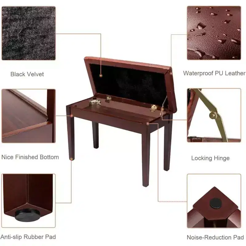 Brown Button-Top Piano Bench with Storage, 300 lb Capacity