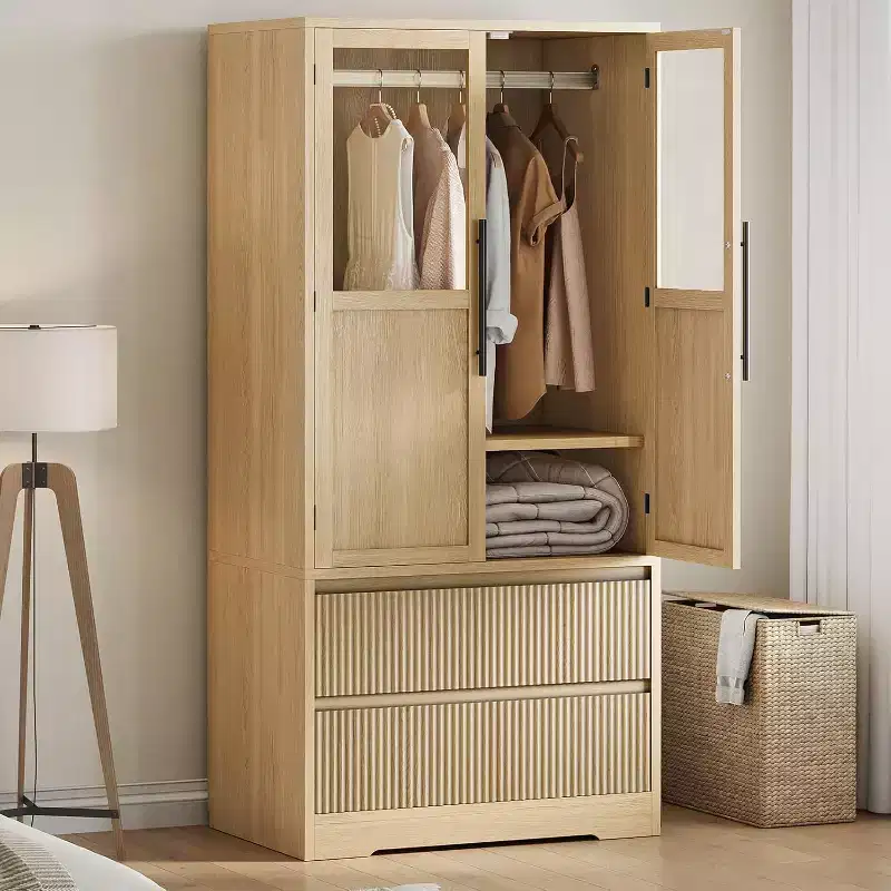 Natural Wood Armoire Wardrobe with Glass Doors - 2 Drawers & Hanging Rod - 31.5W x 65.9H - Freestanding Closet for Bedroom Storage