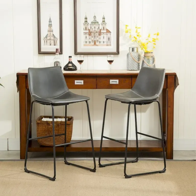 Roundhill Furniture Lotusville 7-PC Antique Black Wood Table with Faux Leather Barstools