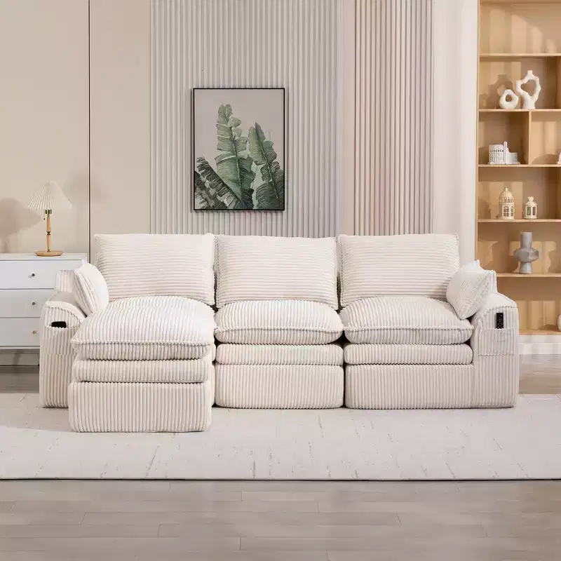 L Shaped Sectional Sofa, Corduroy Couch with Movable Ottoman, Compressed Modular Corner Couch for Living Room - ModernLuxe
