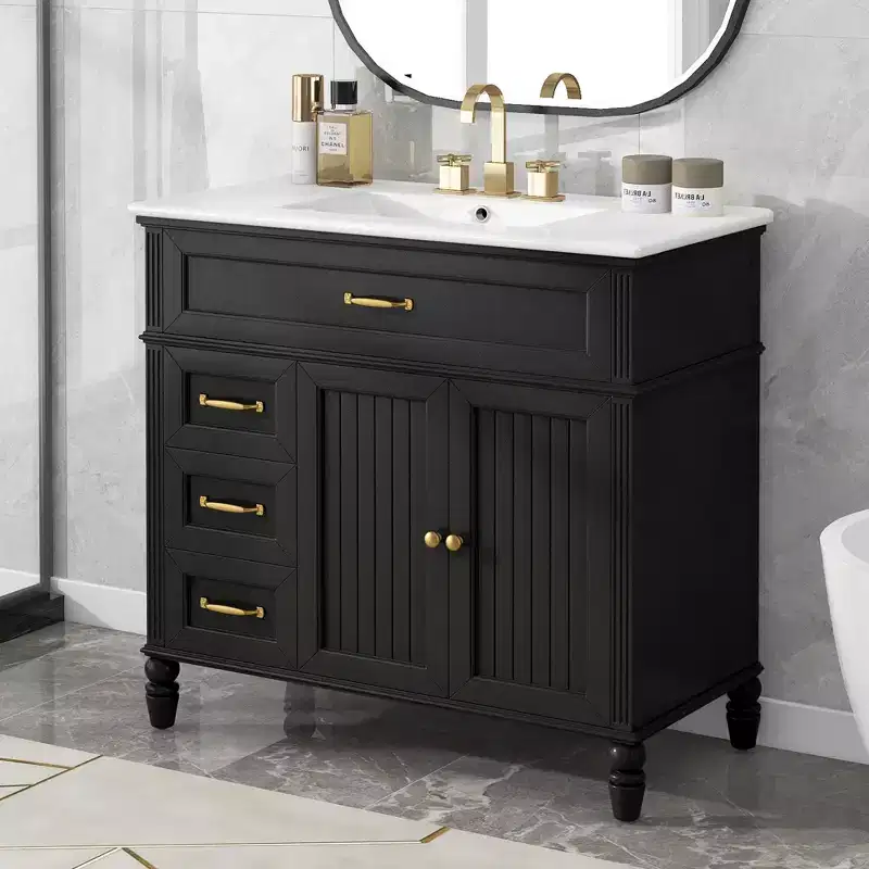 36 Black Bathroom Vanity Sink Combo with Storage , Wood Bathroom Floor Cabinet with Drawers for Small Space