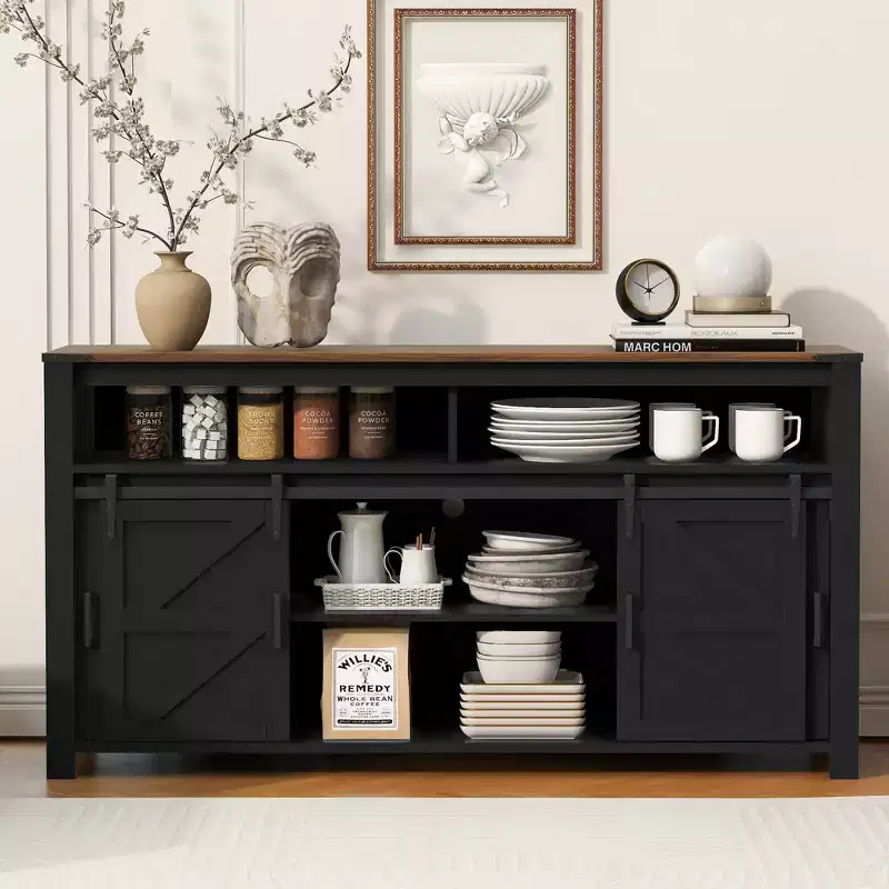 GDFStudio Vicky 59.3 Farmhouse Sideboard with Sliding Barn Door and Mesh Panels