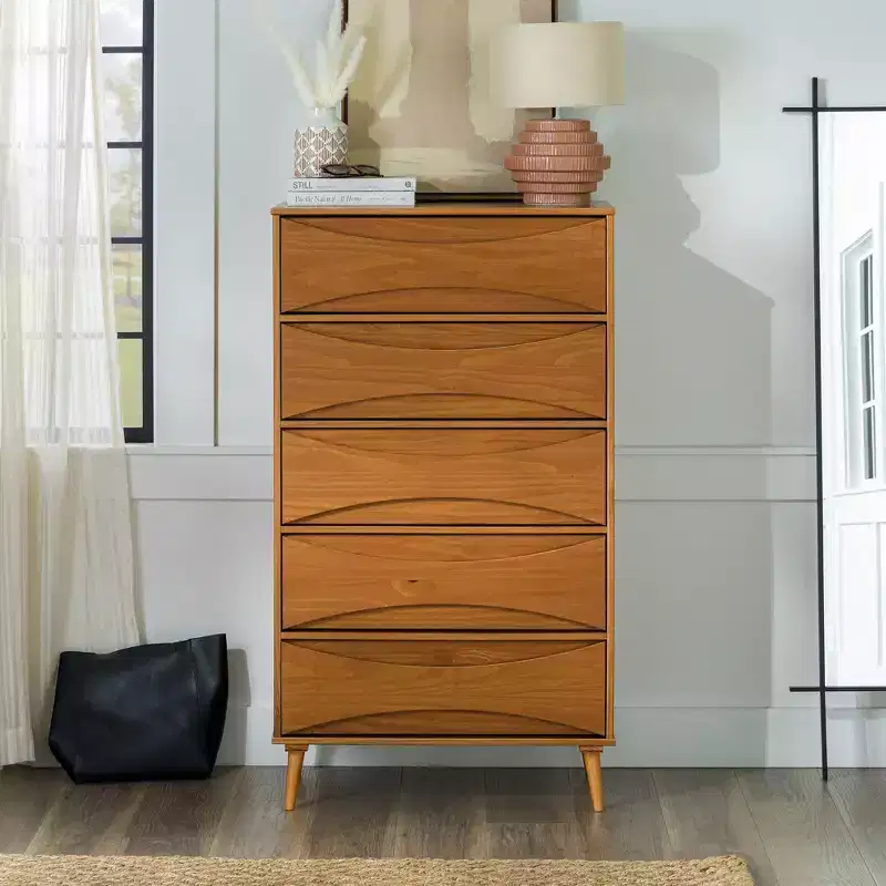 Walker Edison Mid Century Modern Contoured 5 Drawer Chest of Drawers