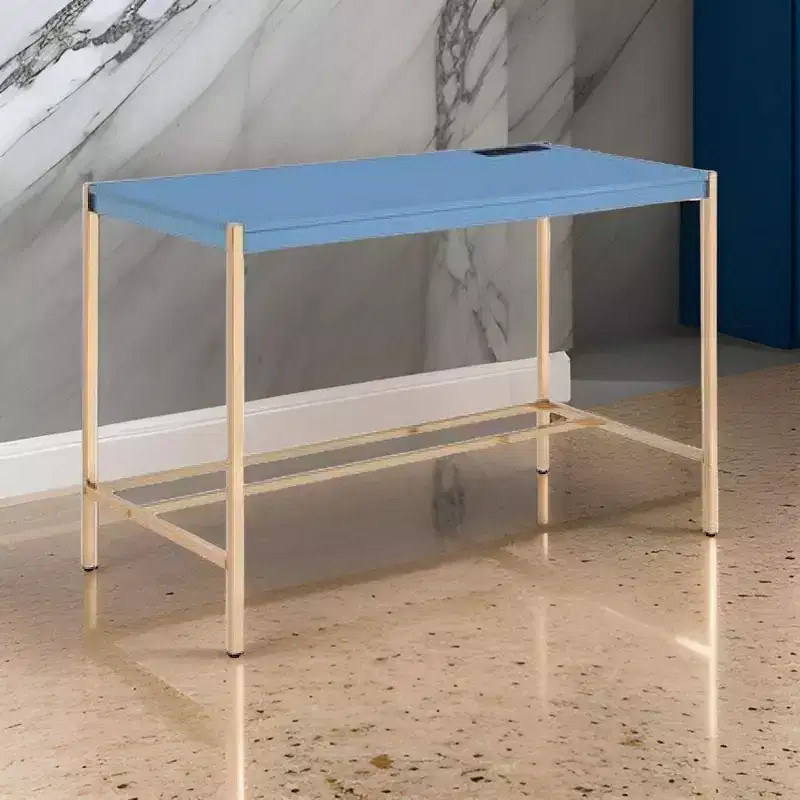 Writing Desk with USB Dock and Metal Legs, Blue and Rose Gold
