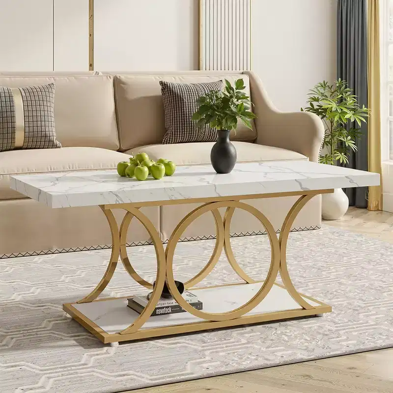 2-Tier Modern Coffee Table – White Faux Marble Top & Gold Metal Legs, 47