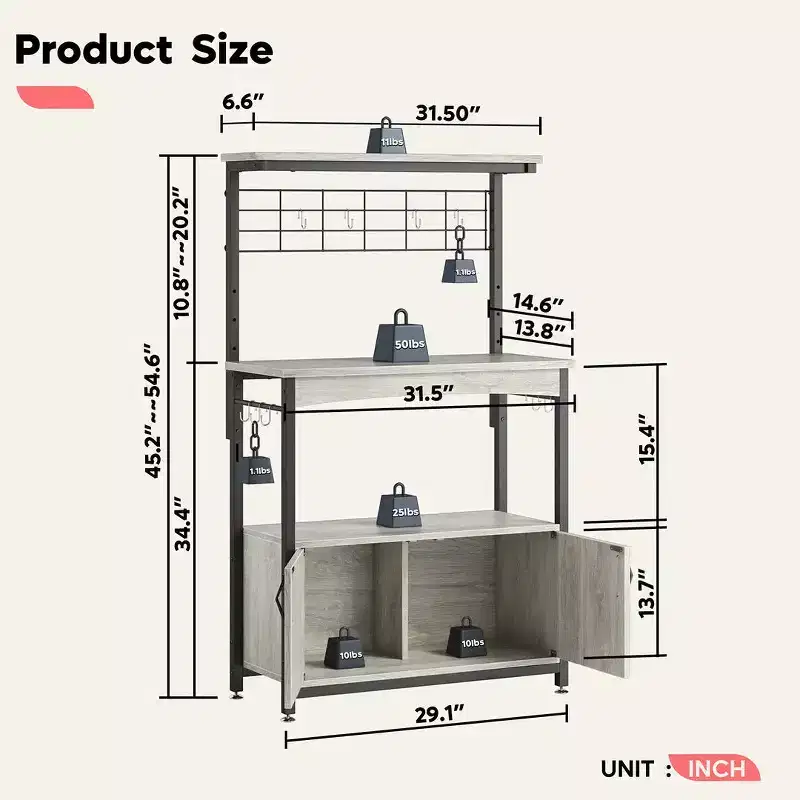 Height-Adjustable Microwave Stand Baker's Rack with Cabinet, Hooks & Wheels, Kitchen Storage